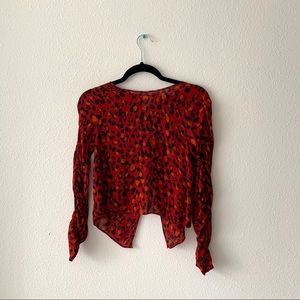 Zara Leopard Top XS | Ruched Sleeves, Slit - Red